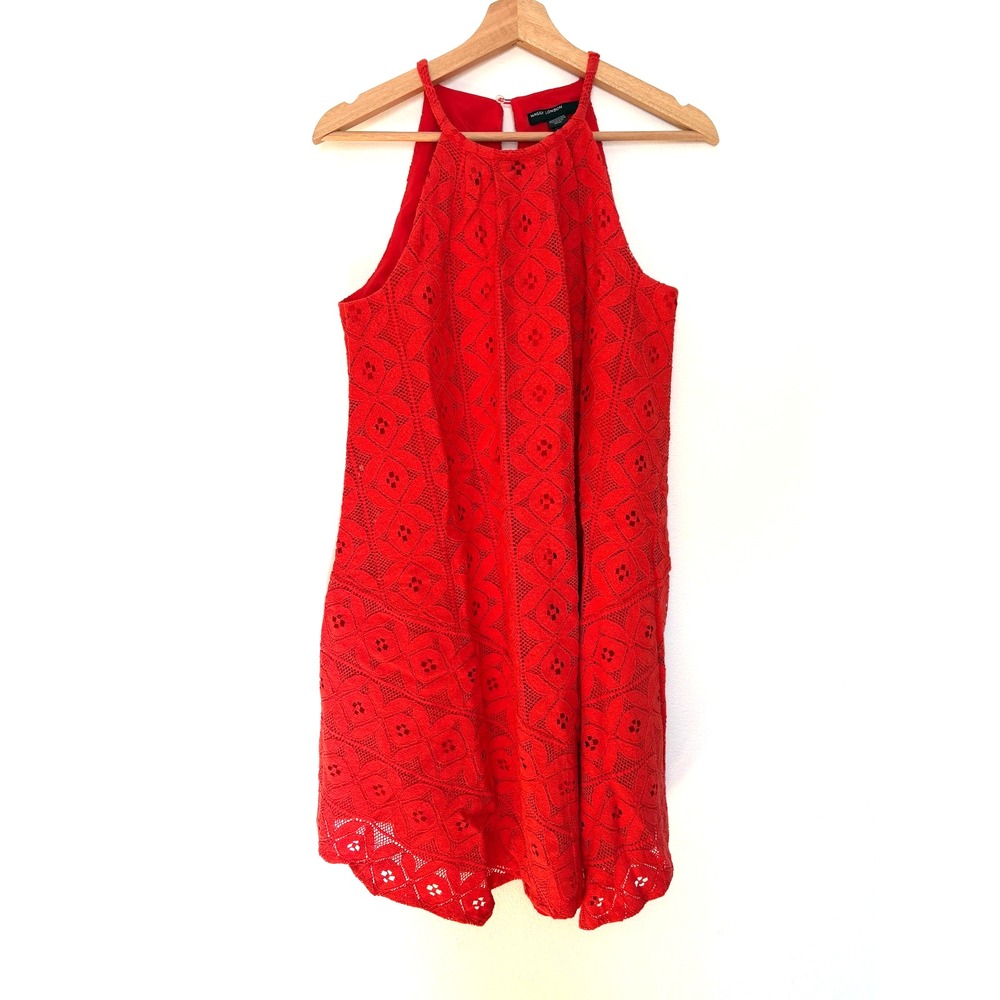 Maggie London Swing Shift Dress Sz 10 Woman Coral Lace Overlay Sleeveless Halter